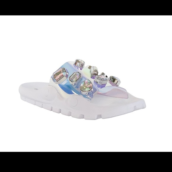 White Slide Sandals with Clear Gem Accents - Picture 2 of 3